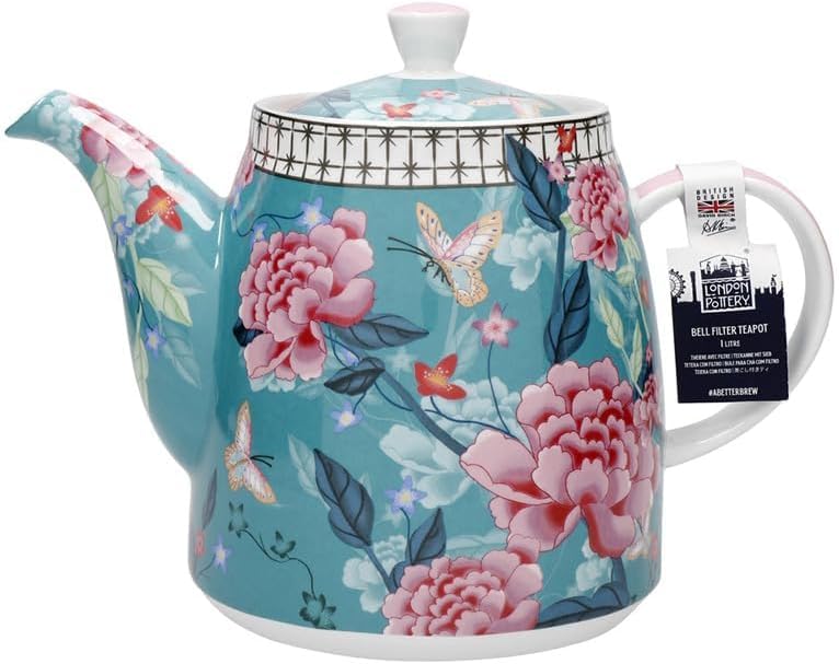 London Pottery Classic Ceramic Bell -shaped Teapot, 1 Litre (33.8 Fl oz), Teal Floral, Vintage Flowers and Butterfly Patterns, Stainless Steel Tea Infuser, English Style Tea Pot for Afternoon Tea - Image 2