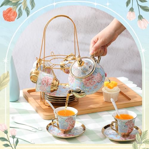 Zhehao 20 Pcs Porcelain Tea Set for Adult, with Metal Holder, Vivid - Image 5
