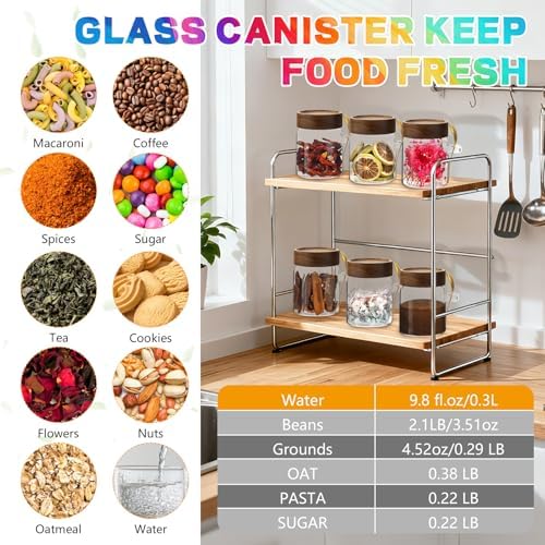 10 oz Small Glass Jar with Spoon and Airtight Wood Lids set of 6,Sugar Ground Herb Canister Round Food Storage Container for Spice Jams Coffee Pasta Candy Rice Loose Tea (300ml/10oz-6Pack) - Image 3