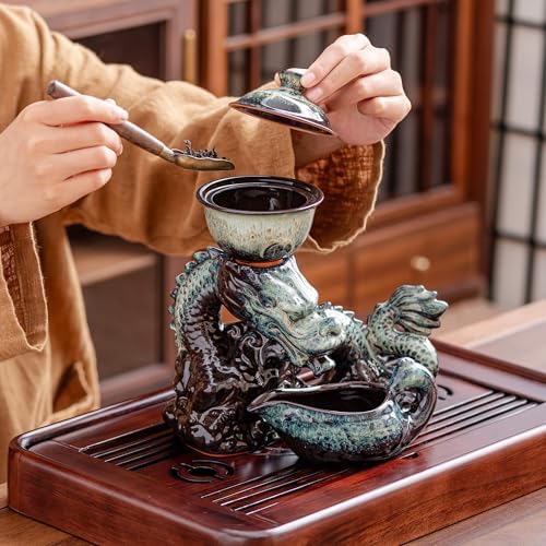 Ceramic Teapot with Infuser Semi Automatic Tea Set Magic Teapot with 8 cups Gradient Color (Gradient Dragon- C) - Image 4
