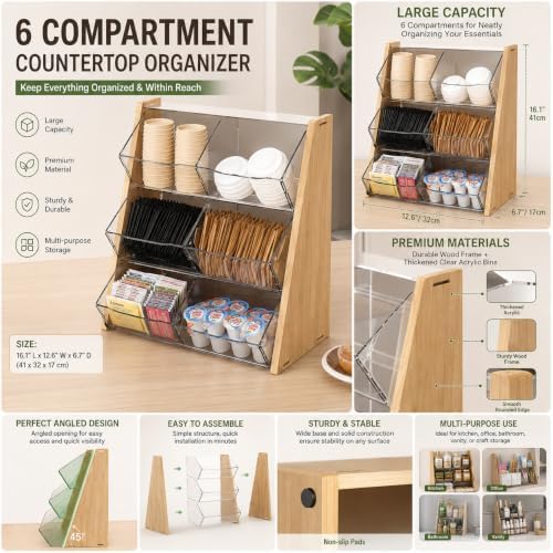 Countertop Storage Stand, Clear 6-Bin Holder for Pantry and Office Supplies - Image 2