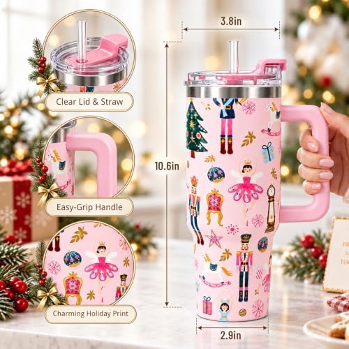 JarThenaAMCS 40 Oz Christmas Tumbler with Handle, Pink Nutcracker - Image 2
