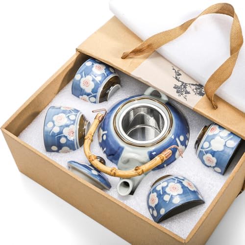 Japanese Tea Set, Ceramic Floral Tea Pot and 4 Pieces Cups - Image 5