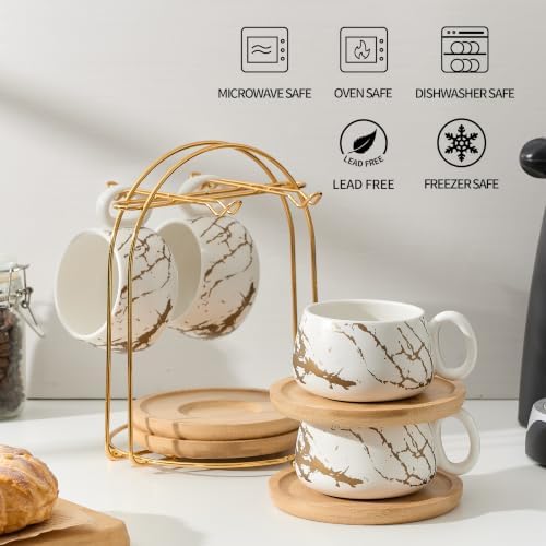 LUKA 7.77 oz Ceramic Cappuccino Cups with Bamboo Saucers and Metal Stand, Set of 4 Large Elegant Porcelain Coffee Cup for Latte, Cafe Mocha, Tea, Espresso, Dishwasher Safe, Marbling White - Image 4