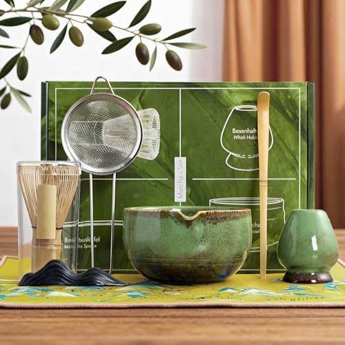 7-Piece Japanese Matcha Whisk Set - Ceramic Bowl, 100-Prong Wooden Chasen, Stainless Steel Sifter, Scoop, Whisk Holder, Tea Towel - Green, Size 24 - Image 2