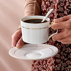 6 OZ Bone China Cappuccino Cups with Saucers Set of 6 & Gold Metal Rack - Image 2