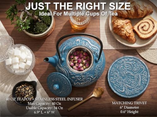 40 Oz Blue Dragon Cast Iron Teapot, Enamel Interior, Infuser & Trivet - Image 5
