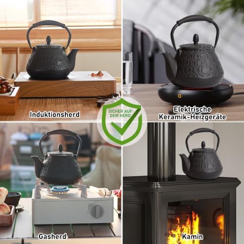 Cast Iron Teapot, 32oz Tea Kettle with Infuser for Stove Top, Sakura Blossom Pattern Japanese Tea Pot for Tea & Coffee Coated with Enameled Interior, Silicone Handle 950ml black - Image 5
