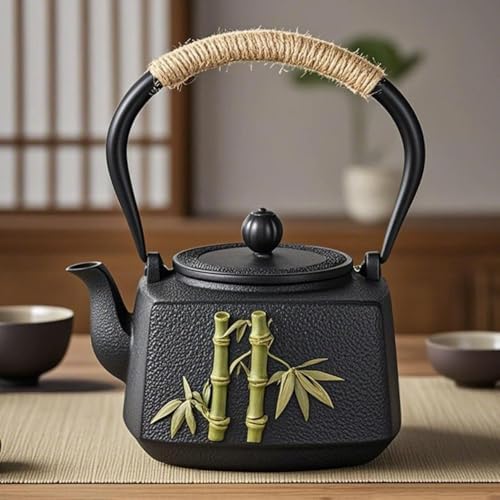Cast Iron Teapot with Infuser,Japanese Tetsubin Tea Kettle with Bamboo Pattern,Stovetop Safe Boiling Water Kettle,1.2L Fully Enameled Interior Teapot for Loose Tea and Camping - Image 2