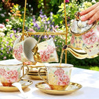 20 Pcs Porcelain Tea Set with Metal Holder, European Ceramic Tea Set for Adults, Antique Enamel Tea Cup Saucer Set for Party, Coffee Tea Gift Sets with Pink Flower Painting (Pink Enamel) - Image 2