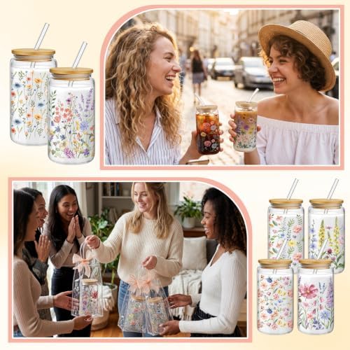 Mumufy 6 Sets Fresh Wildflower Glass Cups with Lids Straws Bulk Gift, 16 oz - Image 6