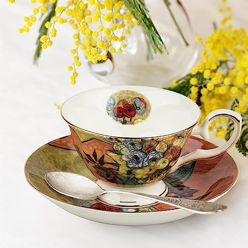 Floral Tea Cups Saucers Set of 2, Vangogh Paintings Bone China 7 oz British Teacups Porcelain Tea Cups Coffee for Rose Teacups Cappuccino Espresso Latte (White Roses & Flowers Vase) - Image 7