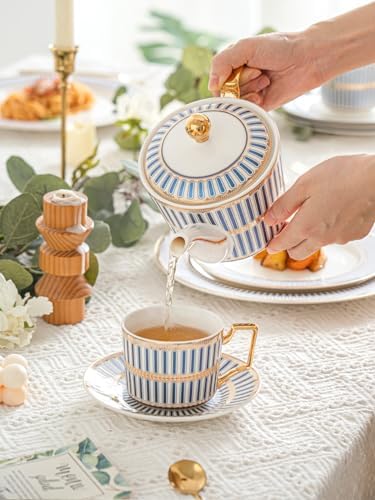 CwlwGO-15 Piece Bone China Tea Cups Sets,British Cups and Saucers Service for 4,Tea/Coffee Cup Set with Teapot Sugar Bowl Cream Pitcher Spoon,Gifts Box. - Image 6