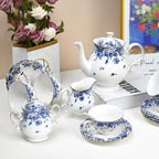 Bone China Tea Set for Adults, 13-Piece Blue and White Porcelain Tea Set for 4, Vintage Floral Tea Set With Teapot and Teaspoons, Tea Party Sets for Women Gift (Blue C) - Image 7