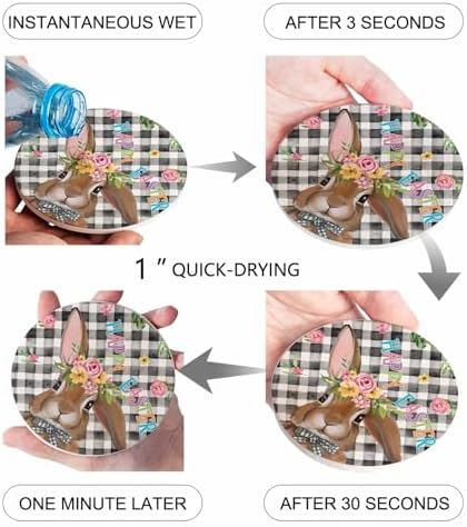 Coaster for Drinks 4 Pack,Happy Easter Watercolor Floral Bunny Absorbent Round Ceramic Stone with Cork Base,Spring Leaves on Black Plaid Drink Coaster Cup Mats for Home Dining Coffee Tables - Image 3