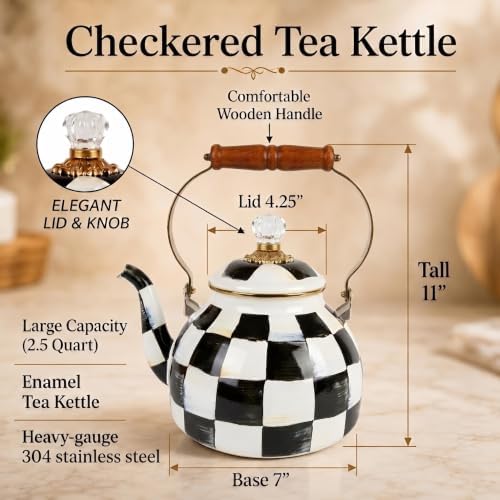 Checkered Tea Kettle for Checkered Kitchen Decor - Black and White Tea Kettle for Stovetop - Stylish Enamel Teapot with Wooden Handle - Vintage Classic Teapot with Elegant Lid & Knob- 2.5 Quart - Image 3