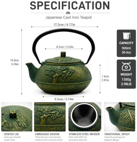 30.4oz Small Cast Iron Tea Kettle, SECHUDO Teapot Coated with Enameled Interior for Stovetop, Japanese Green Tea Pot with Stainless Steel Strainer for Loose Leaf, Pine,Bamboo and Plum Pattern(900ml) - Image 6