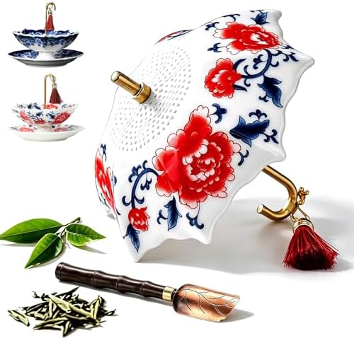 Tea Umbrella Infuser, Ceramic Tea Strainer Umbrella Shape, Blue White Porcelain Loose Leaf Tea Filter with Base, Oriental Kung Fu Tea Diffuser for Brewing (Peony, 2PCS) by DENGWANG
