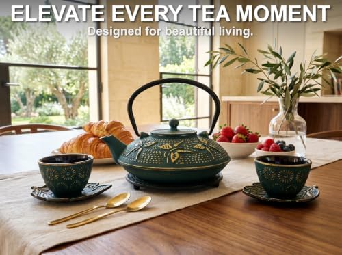 Green Butterfly Cast Iron Tea Set, 2 Cups, 2 Saucers, Infuser & Trivet - Image 2