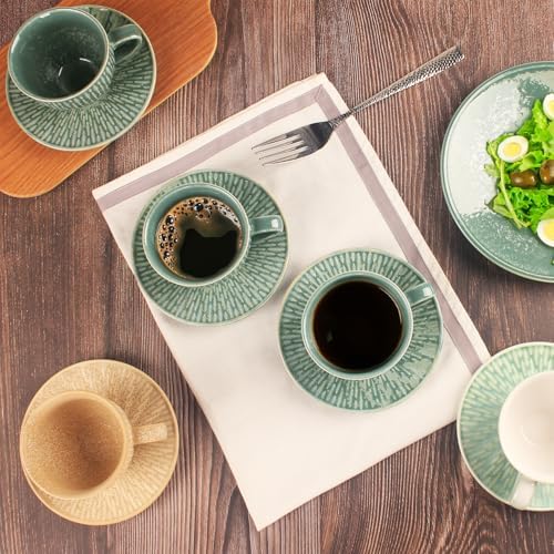 Coffee Mugs Set, 6.8 oz,Ceramic Tea Cup with saucer, Espresso Cups 8-piece, Stackable Cups, for Latte,Hot Tea,Cappuccino, Mocha, Cocoa, dishwasher & microwave safe, Dark green - Image 4
