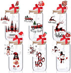 Vesici 6 Set Christmas Glasses Cups 16 oz Xmas Drink Cup with Lid Straw and Stopper Can Shaped Beer Tumbler Christmas Appreciation Gifts with Cards and Bow for Women Birthday Party Favor(Red Plaid) by Vesici