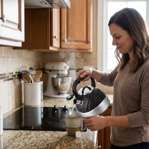 3L Stainless Steel Whistling Tea Kettle with Granite Coating – Speckled Stovetop Tea Pot with Capsuled Base Heat-Resistant Ergonomic Handle for All Stovetops - Image 4