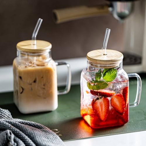 20oz Glass Tumblers with Handle, Glass Cup with Bamboo Lid and Straw, Clear Glass Mugs, Reusable Iced Coffee Cups for Iced Coffee, Tea, Smoothie, Juice, Cocktails (4PCS) - Image 3