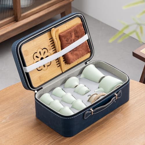 Travel tea set,Portable ceramic tea set,Chinese tea set,Tea sets for adults,Tea pot sets,Portable Travel Bag,Home,Gifting,Outdoor and Office,茶具 (Light green) - Image 3