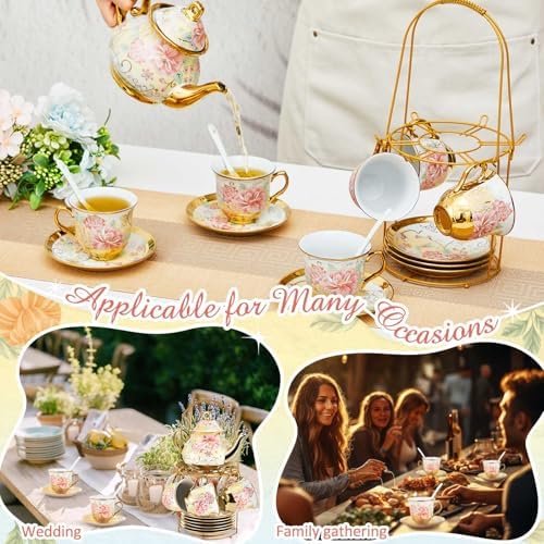 Zhehao 20 Pcs Porcelain Tea Set for Adult, with Metal Holder, Gorgeous - Image 5
