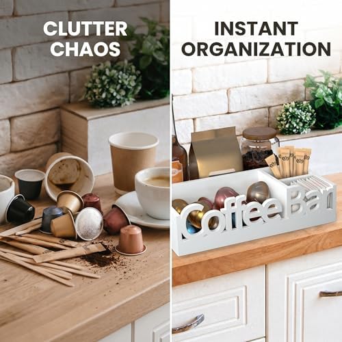 Coffee Bar Organizer Countertop, White Wood Coffee Station Caddy Tray,White - Image 3