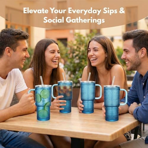 20 oz Blue Glass Tumbler with Lid and Straw, Glass Iced Coffee Cups, Spill-proof Glasses Tumbler with Handle, Glasses Drinking Set of 2, Vintage Glassware for Cocktail, Smoothies - Image 6