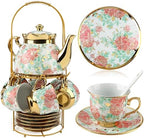 20Pcs Porcelain Tea Set for Adults, European Ceramic Tea Set Flower Ceramic Tea Cups (3oz), Teapot (15oz), & Saucers with Metal Holder for Women Tea Party by Kytree