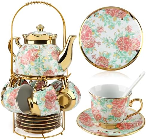 20Pcs Porcelain Tea Set for Adults, European Ceramic Tea Set Flower Ceramic Tea Cups (3oz), Teapot (15oz), & Saucers with Metal Holder for Women Tea Party by Kytree