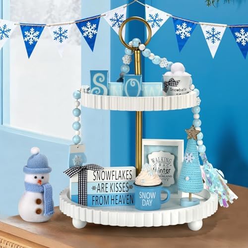Winter Decorations for Home Office 8 PCS Snowman Tiered Tray Decor Set - Image 2