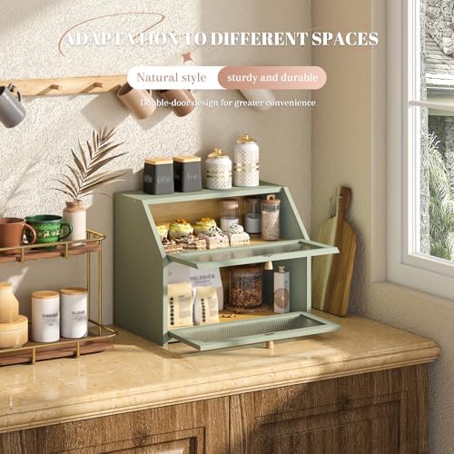STDDRE Bread Box for Kitchen Countertop Bin Double Layer Bread Box Storage Container Extra Large Capacity Farmhouse with Diamond Pattern Windows (Green, Large) - Image 5