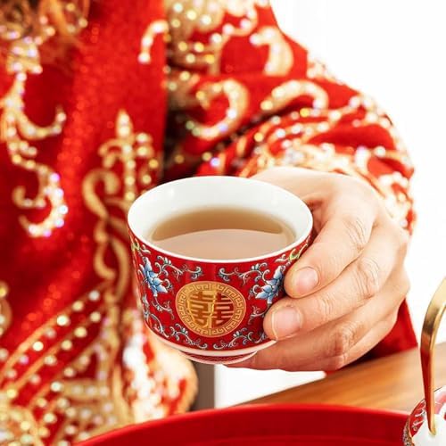 Chinese Tea Set Traditiona, Chinese Wedding Tea Ceremony Set Red Ceramic Double Happiness Decorations with 1 Tea Pot & 6 Tea Cups for Newlyweds and Friends - Image 4
