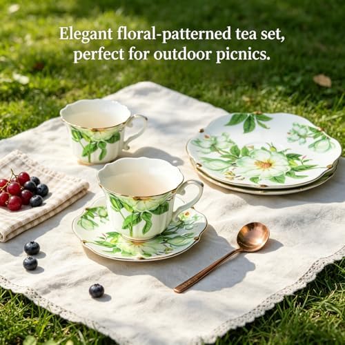 Vintage Porcelain Floral Tea Set — 22oz Teapot + 2 Tea Cup & Saucer Sets + 2 Gold Spoons | Porcelain Teapot and Cup Set, Tea for One/Tea Party Set (Green) - Image 5