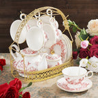 fanquare 22 Piece Vintage Red Floral Porcelain Tea Set with Holder - Image 5
