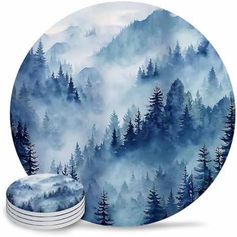 Coaster for Drinks 4 Pack,Forest Tree Mountain Absorbent Round Ceramic Stone with Cork Base,Watercolor Blue Natural Scenery Drink Coaster Cup Mats for Home Dining Coffee Tables by ZFUNCING