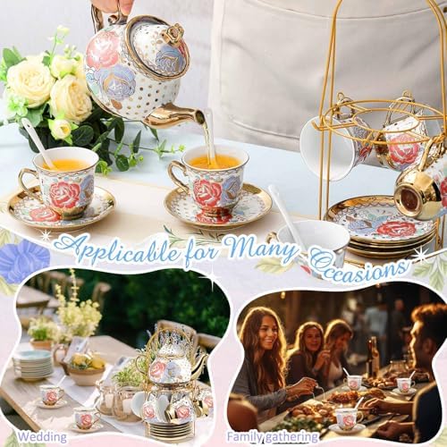 Zhehao 20 Pcs Porcelain Tea Set for Adult, with Metal Holder, Romantic - Image 4