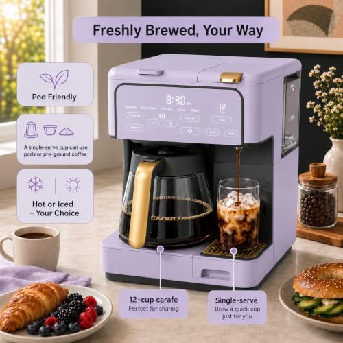 Multi-Brew Coffee Maker – 12-Cup Carafe & Single-Serve Pod or Grounds, Iced Coffee Mode, Programmable Touch Display, Includes Filters (LAVENDER) - Image 2