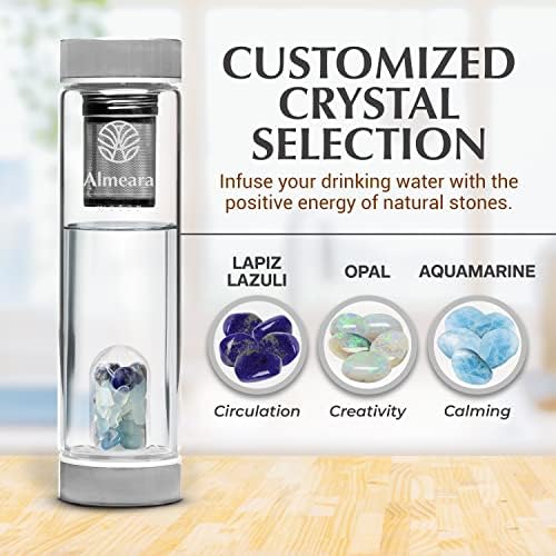 Almeara Crystal Water Bottle with Authentic Lapis Lazuli, Opal Stones & Aquamarine Removable Gemstones, Loose Leaf Tea Infuser - Relaxation, Healing & Spiritual Gifts for Women - Witchcraft Supplies - Image 2