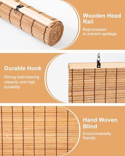 24" W x 72" H Cordless Bamboo Roman Shades for Interior, Camel - Image 6