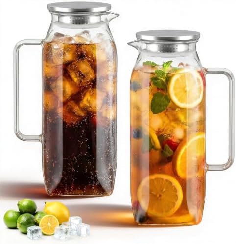2 Pack Glass Pitcher with Lid and Handle for Fridge, Iced Tea and Coffee Carafe Beverage Serveware, 2 Liters/68 oz Heat Resistant Borosilicate Water Jug for Hot/Cold Drinks by Unknown