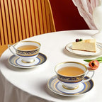 Luxury White & Gold Embossed Tea Cups and Saucers with Teapot, Sugar Bowl, & &Creamer, Vintage European Porcelain Coffee Set for Tea Party, Wedding, Gift (Gold&Navy Blue, 4pcs/set) - Image 2