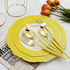 WDF 150pieces Yellow Disposable Dinnerware Hign-end Baroque Design - Sturdy&Durable Baroque Yellow Sunshine&Gold Plastic Dinnerware for Upscale Wedding/Birthday/Party - Image 4