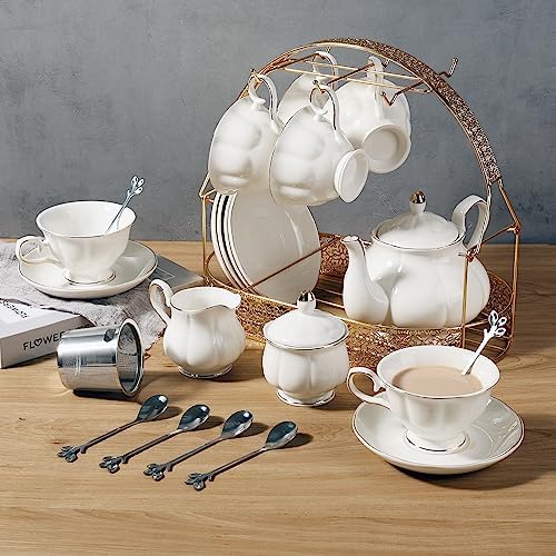CHENP. HMC Tea Set 23-Piece Porcelain Ceramic Coffee Tea Gift-Included Coffee Holder, Sets Cups Saucer Service for 6 Teapot Sugar Bowl Creamer Pitcher and Teaspoons (WHITE3) - Image 4