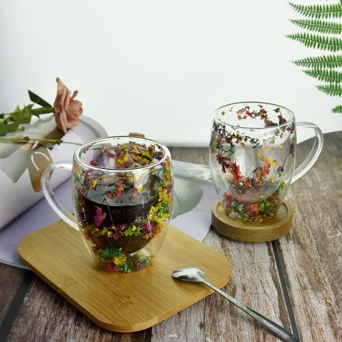 Coffee Mug,Double Wall Glass Coffee Mug, Insulated Glass Coffee Mug Flower Mug Clear Cups for Cappuccino Espresso Latte Tea Milk, Birthday Gifts for Women, Her, Mom, Sister, Girlfriend - Image 2