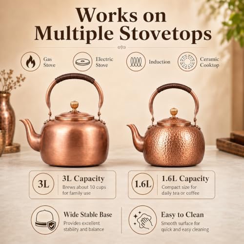 Copper Vintage Stovetop Whistling Tea Kettle, 3.2QT Solid Copper Tea Pot for Stove Top with Loud Whistle, Fast Boiling Water Kettle for Induction, Gas & Electric, Easy Pour (C 1.6L) - Image 6
