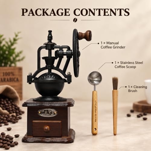 Vintage Manual Coffee Grinder with Cast Iron Ferris Wheel Hand Crank, Wooden Coffee Mill with Ceramic Burr, Adjustable Grind Size for Espresso, French Press, Pour Over, Home Barista Coffee Gift - Image 2
